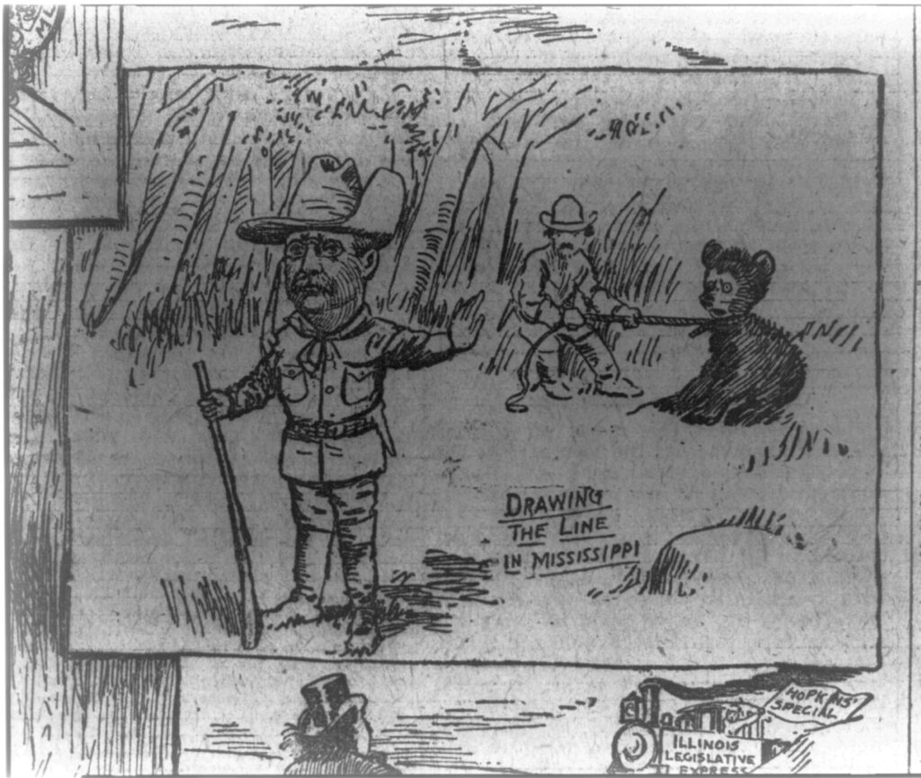 Clifford Berryman 1902 cartoon showing Theodore Roosevelt refusing to shoot a roped bear in Mississippi
