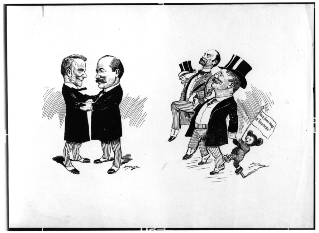 Clifford Berryman 1904 cartoon of Roosevelt and Fairbanks in a victory parade, with a small teddy bear carrying a flag reading Four More Years of Theodore