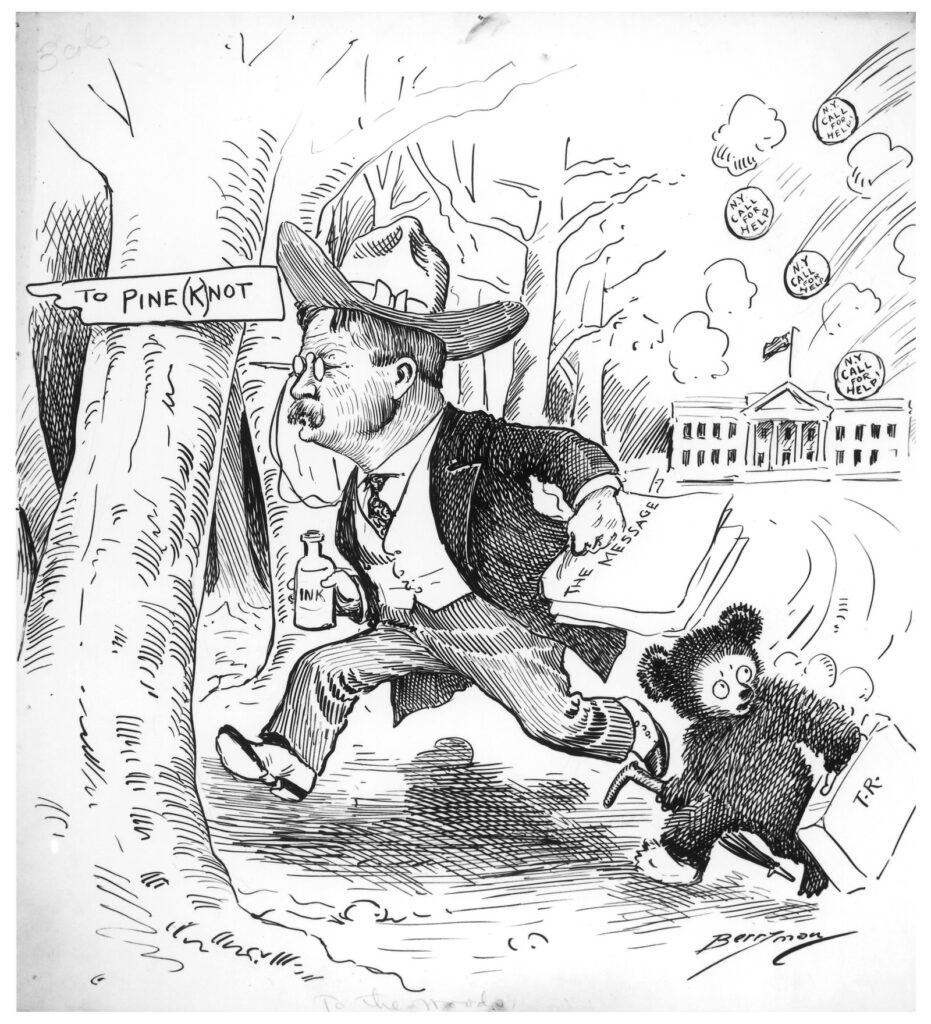 Clifford Berryman 1906 cartoon To the Woods showing Theodore Roosevelt striding into a forest with a small teddy bear following him