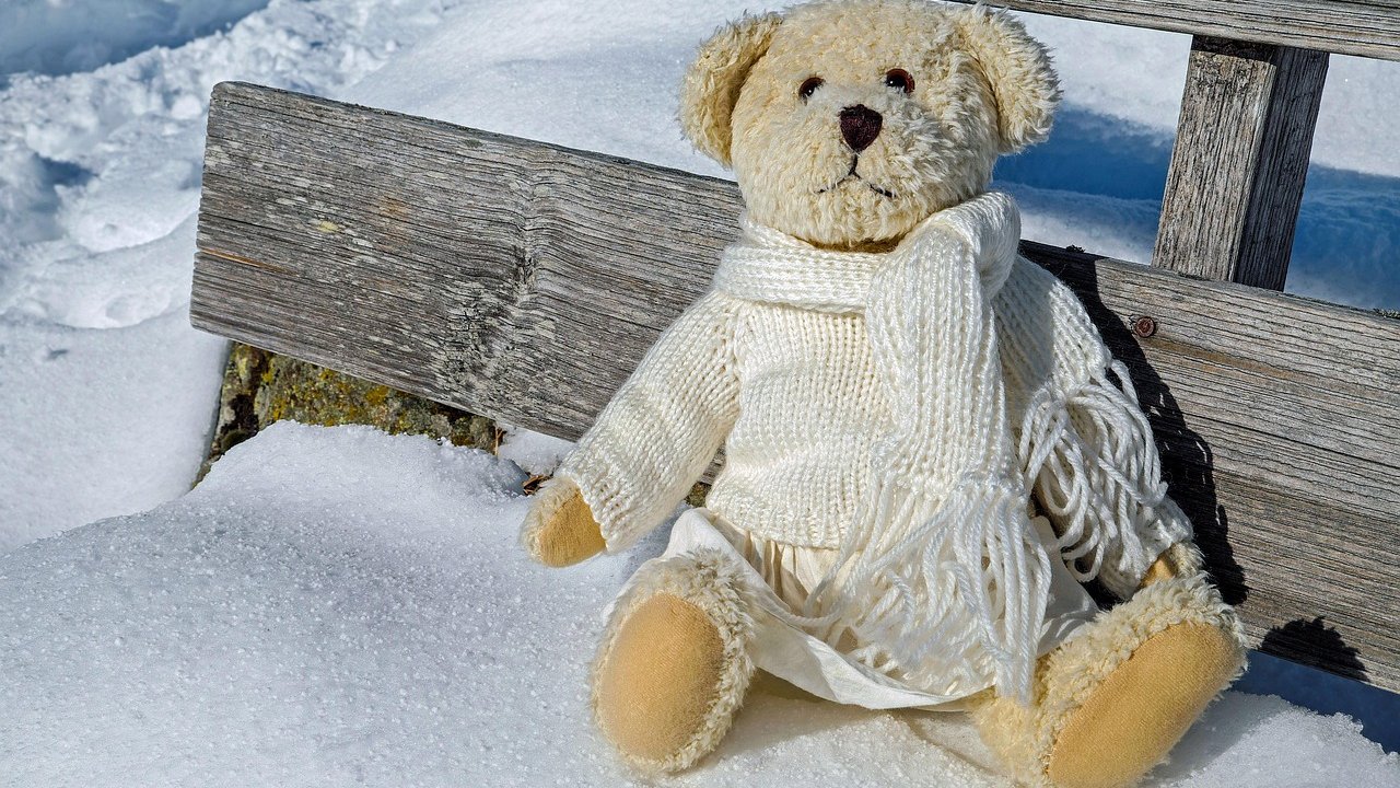 Cream plush teddy bear in a knitted sweater and scarf sitting in snow against a weathered wooden bench