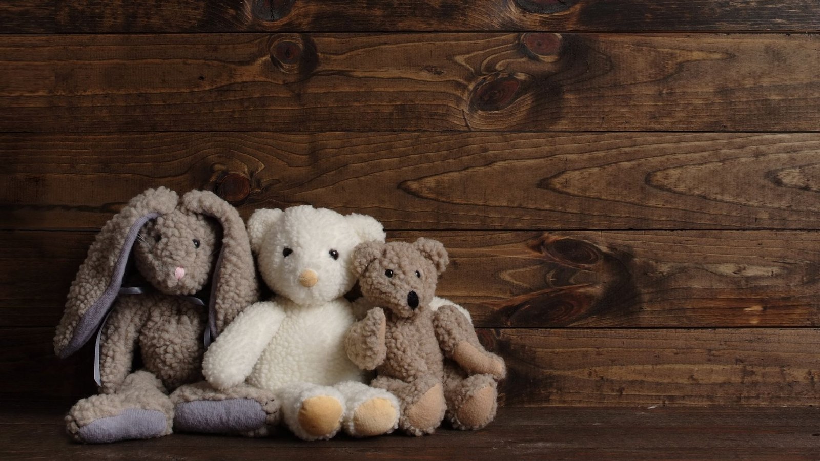 Three worn stuffed animals, a long-eared rabbit and two teddy bears, sitting against a dark wooden wall
