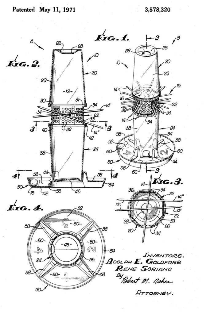 Patent drawings of a clear upright tube pierced by crossing rods that hold marbles, with a numbered tray at the base