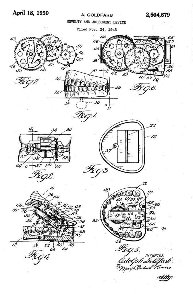 Patent drawings of wind-up talking teeth showing the dental plates, gear train and spring motor from several angles
