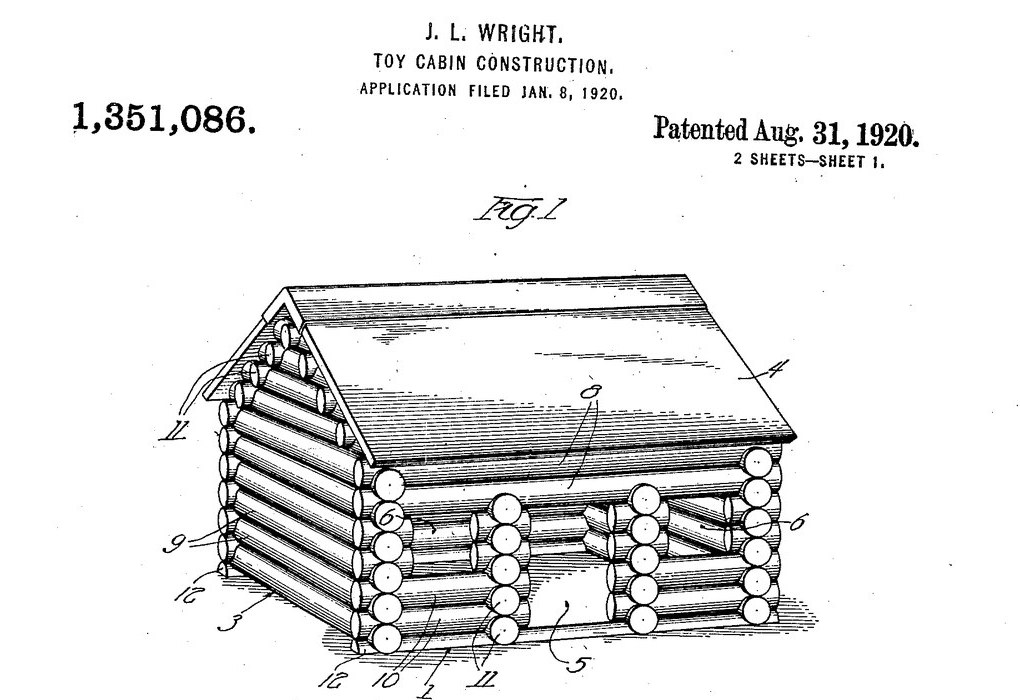 Patent drawing of a toy log cabin with notched logs and a pitched roof, from John Lloyd Wright's 1920 patent