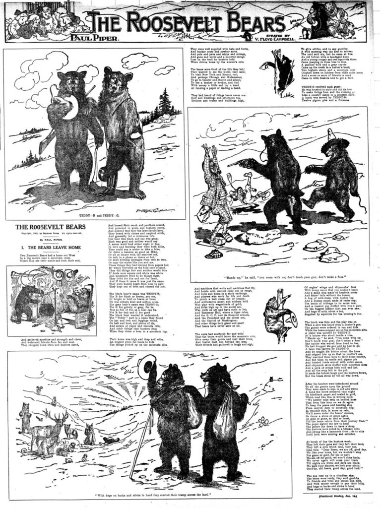 Newspaper page from January 7, 1906 titled The Roosevelt Bears, with illustrations of two bears, Teddy-B and Teddy-G, leaving home