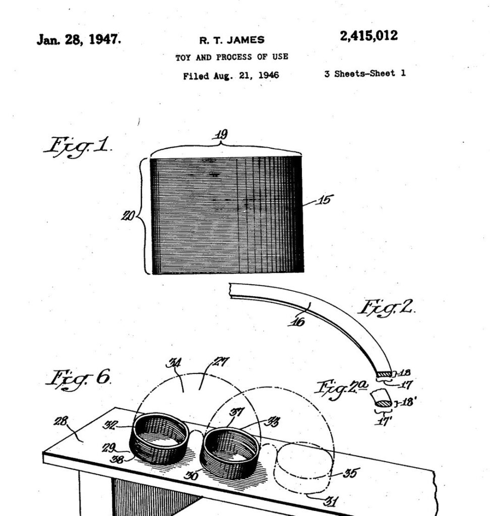 Patent drawing of a helical spring toy, including a figure of the spring stepping across a board