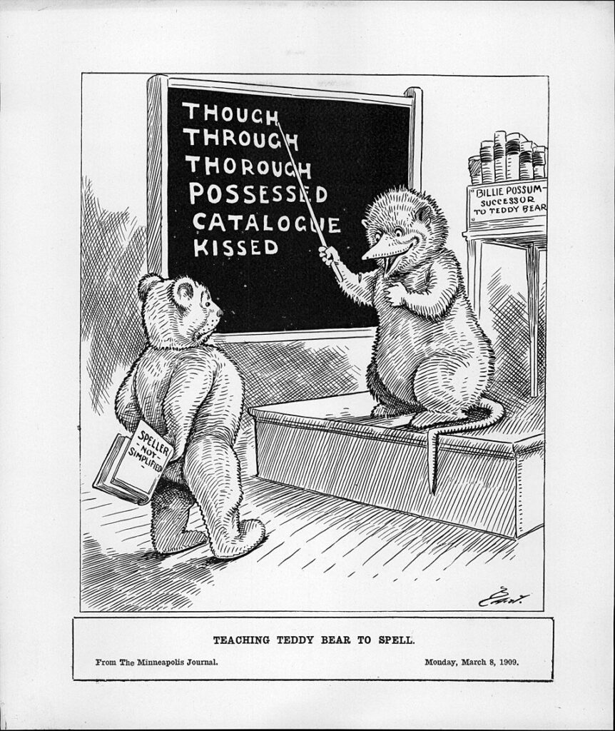 1909 cartoon of an opossum labeled Billie Possum, successor to Teddy Bear, teaching a teddy bear to spell at a blackboard