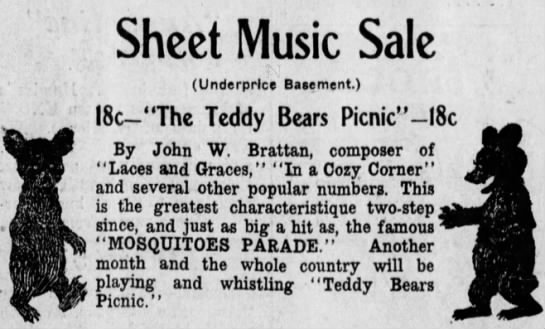 1908 newspaper advertisement offering The Teddy Bears Picnic sheet music by John W. Brattan for 18 cents, flanked by two bear drawings