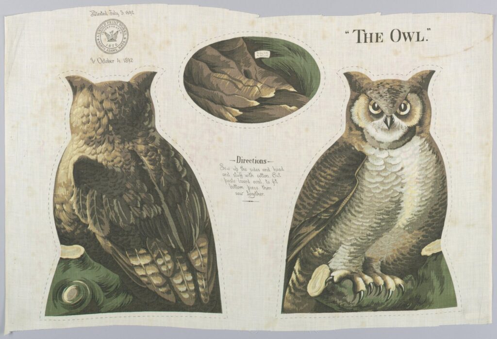 Uncut 1892 cotton panel printed with the front, back, and base of a perched owl, with sewing directions in the center