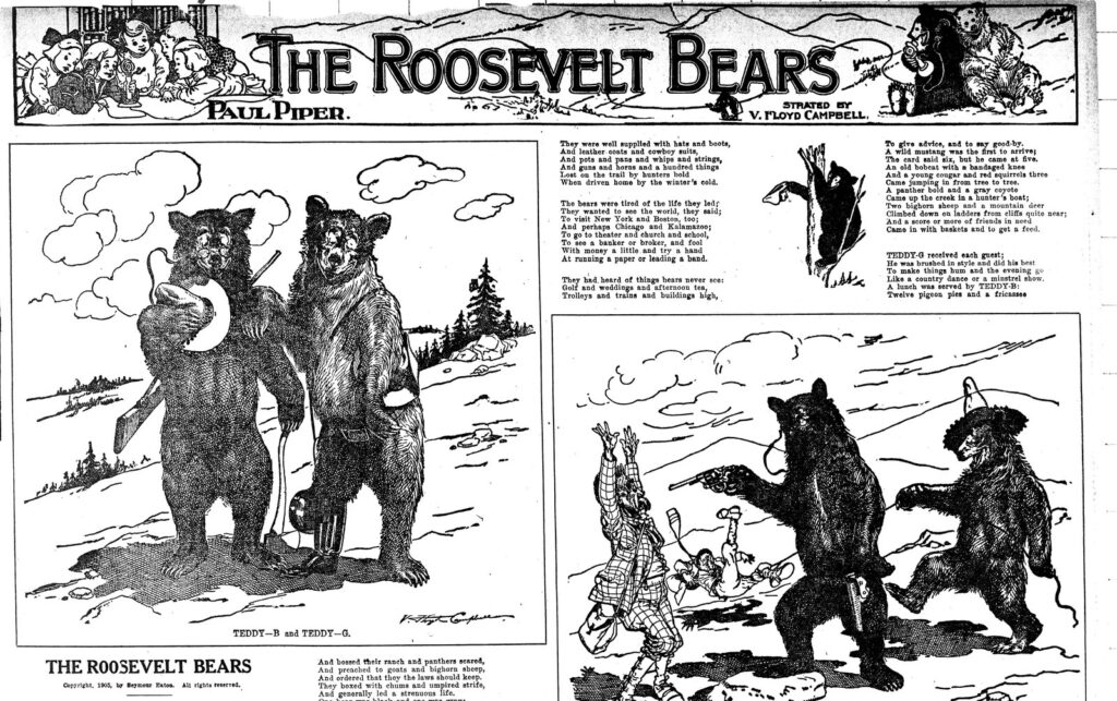 Newspaper page headed The Roosevelt Bears showing the cartoon bears Teddy-B and Teddy-G in hunting clothes, from January 1906
