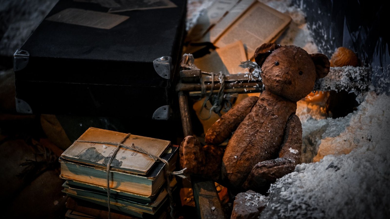 A worn brown teddy bear sitting beside stacks of old tied books and a dark suitcase in dim light